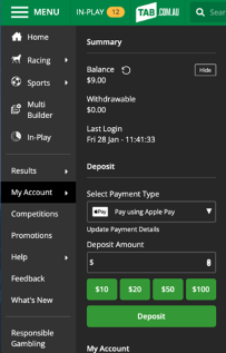 Screenshot of the 'Deposit' section within the 'My Account' section of tab.com.au