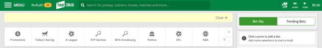 Screenshot of top of tab.com.au screen. Account balance is shown in the top-right corner.
