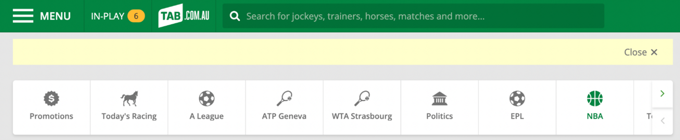 Screenshot of top of the tab.com.au screen. 'Menu' is in the top-left corner.
