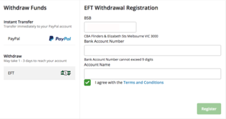 Screenshot of the EFT withdrawal registration screen at tab.com.au.