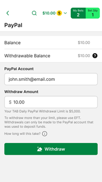 Screenshot of the TAB app PayPal withdrawal screen.