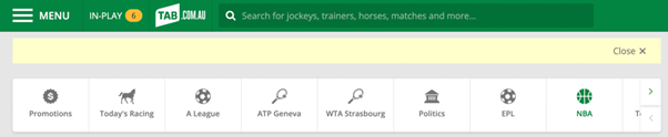 Screenshot of the top of the tab.com.au screen with the menu in the top-left corner.