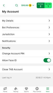 Screenshot of the TAB app 'My Account'.