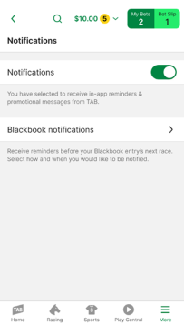 Screenshot of the TAB app 'Notifications' screen. 'In-app' notifications are turned on.