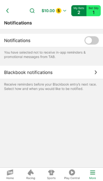Screenshot of the TAB app 'Notifications' screen. 'In-app' notifications are turned off.