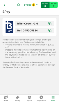 Screenshot of TAB app BPAY screen.