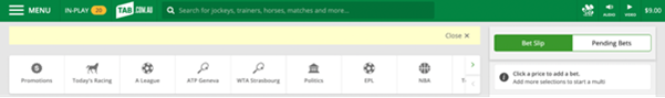 Screenshot of top of tab.com.au. Account balance is displayed in the top-right corner of the screen.