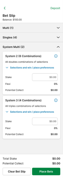 Screenshot of TAB app betslip with systems multi option shown.