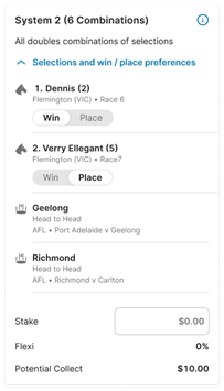 Screenshot of systems multi section on TAB app bet slip with 'Win' and 'Place' option shown.