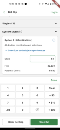 Screenshot of TAB app betslip with systems multi stake entry section shown.