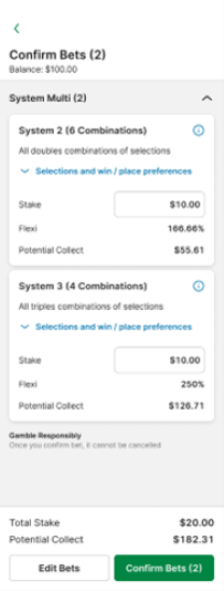 Screenshot of the TAB app bet confirmation screen.