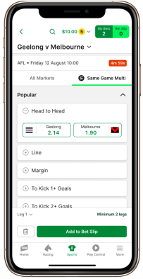 Screenshot of the 'same game multi' section of on AFL match page in the TAB app.