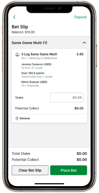 Screenshot of TAB app bet slip with same game multi added.