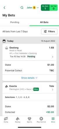 Screenshot of the TAB app 'My Bets' screen with the 'All Bets' section selected.
