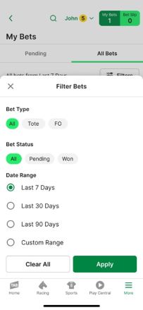 Screenshot of the 'My Bets' filter function in the TAB app.
