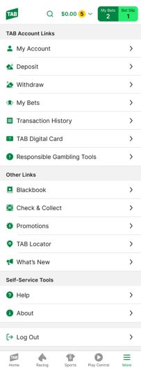 Screen show of the expanded TAB app 'More' menu.