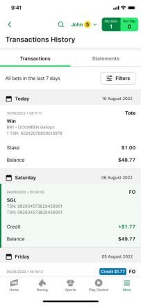 Screenshot of TAB app 'Transaction History' screen.