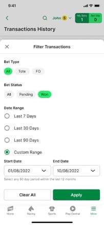Screenshot of TAB app transaction history filter function.