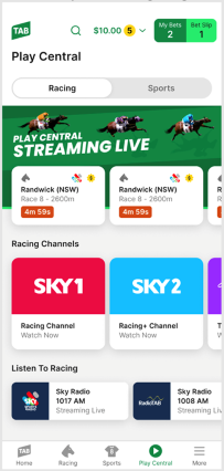 Screenshot of Play Central racing homescreen, racing channels are shown.
