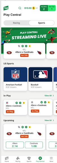 Screenshot of Play Central sports homescreen. US sports channels are shown.