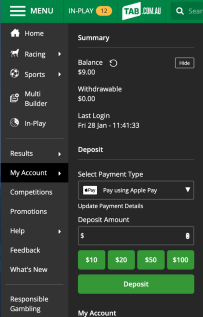 Screenshot of tab.com.au 'Deposit' section.