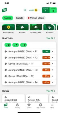 Screenshot of the TAB app homescreen. 'My Bets' is in the top-right corner of the screen.