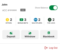 Screenshot of expanded global header in the TAB app. 'Bonus bet' button is shown.