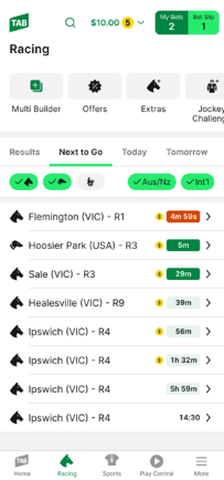Screenshot of TAB app racing landing page.
