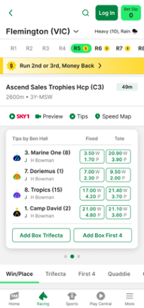 Screenshot of TAB app racing tips.