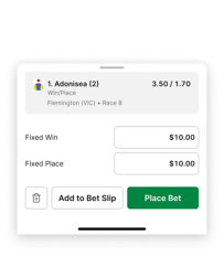 Screenshot of 'Add to Bet Slip' and 'Place Bet' options in the TAB app.