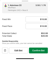 Screenshot of TAB app 'Confirm Bet' screen.
