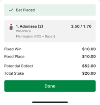 Screenshot of TAB app bet confirmation screen.