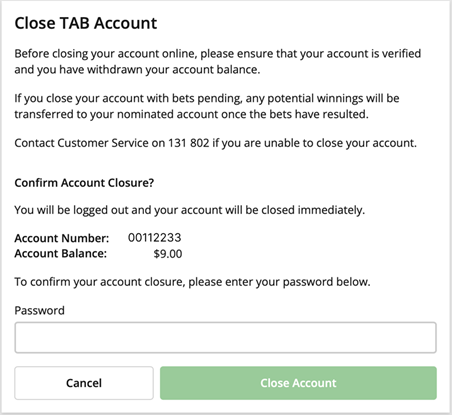 Screenshot of tab.com.au 'close account' confirmation screen.