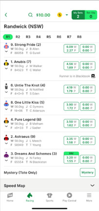 Screenshot of TAB app race page. 'Mystery' bet option is under the list of runners.