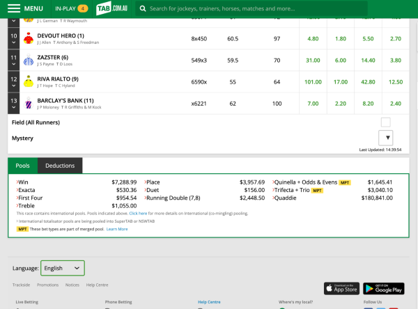 Screenshot of tab.com.au race page, 'Mystery' bet it shown as an option under the list of runners.