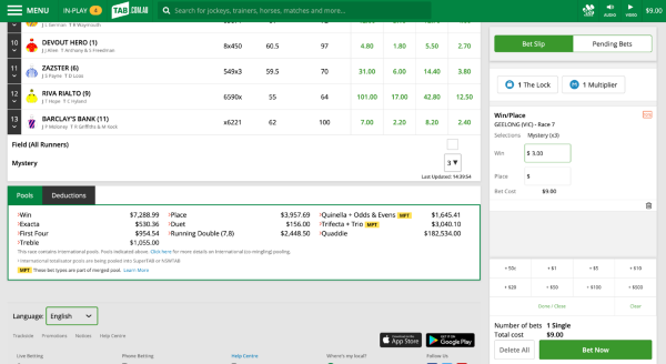 Screenshot of tab.com.au race page. 'Mystery' bet has been selected and is shown in bet slip on the right of the screen.