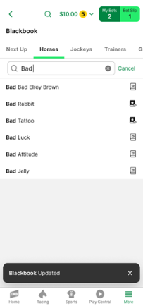 Screenshot of TAB app Blackbook search function.