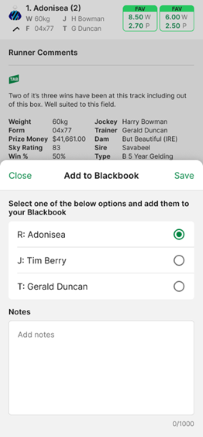 Screenshot of  TAB app 'Add to Blackbook' screen.