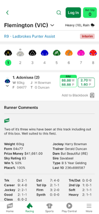 Screenshot of 'Blackbook' button on runner long form screen in the TAB app.