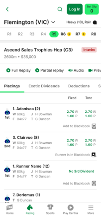 Screenshot of TAB app placings card with Blackbook button shown.