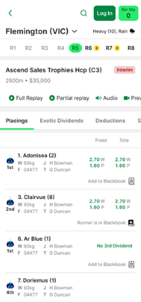 Screenshot of TAB app place card with 'Runner in Blackbook' button shown next to relevant runner.