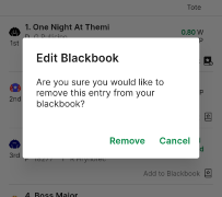 Screenshot of TAB app 'remove Blackbook entry' confirmation screen.