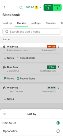 Screenshot of Blackbook 'sort' function within the TAB app.