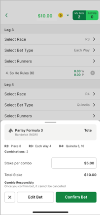 Screenshot of TAB app 'Parlay Formula' bet confirmation screen.