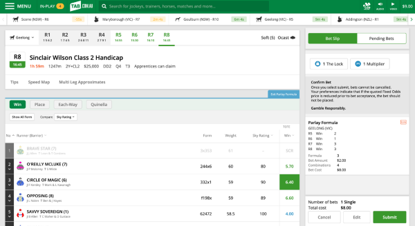 Screenshot of tab.com.au bet confirmation screen.