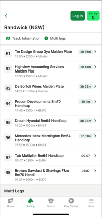 Screenshot of TAB app race meet page.