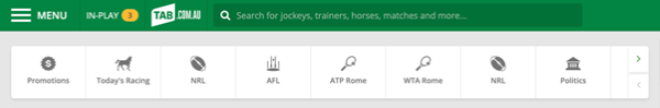 Screenshot of tab.com.au 'quick links' menu. 'Today's Racing' options is shown.
