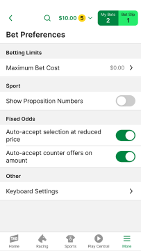 Screenshot of TAB app 'Bet Preferences' screen.