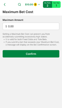 Screenshot of TAB app 'Maximum Bet Cost' screen.
