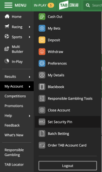 Screenshot of expanded 'My Account' menu at tab.com.au.
